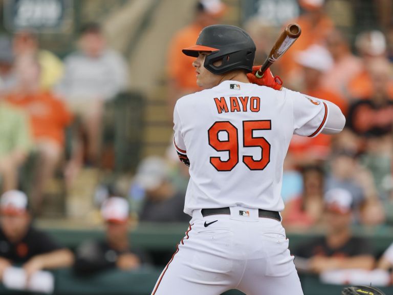 Orioles third base prospect Coby Mayo during a March spring training at-bat.